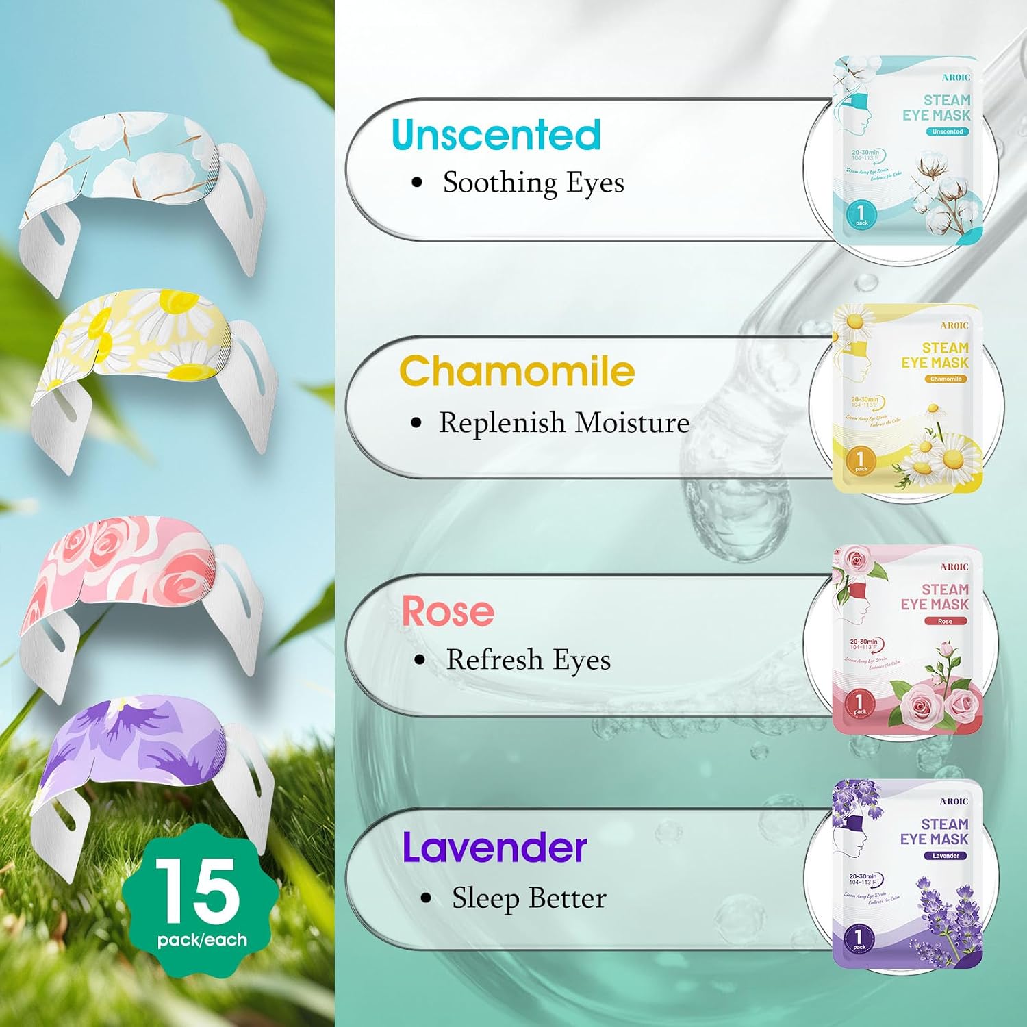 Aroic 60 Pack Steam Eye Masks Disposable, Heated Eye Mask Warm Compress For Eyes, Relaxation Mothers Day Gifts Self Care For Women, Spa Travel Essentials - Lavender, Unscented, Chamomile, Rose
