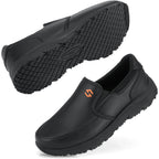 Hisea Non Slip Work Shoes For Men, Water & Oil Resistant Leather Slip On Kitchen Shoes, Comfortable Mens Slip Resistant Chef Shoes For Restaurant Food Service, Lightweight Walking Shoes, Black