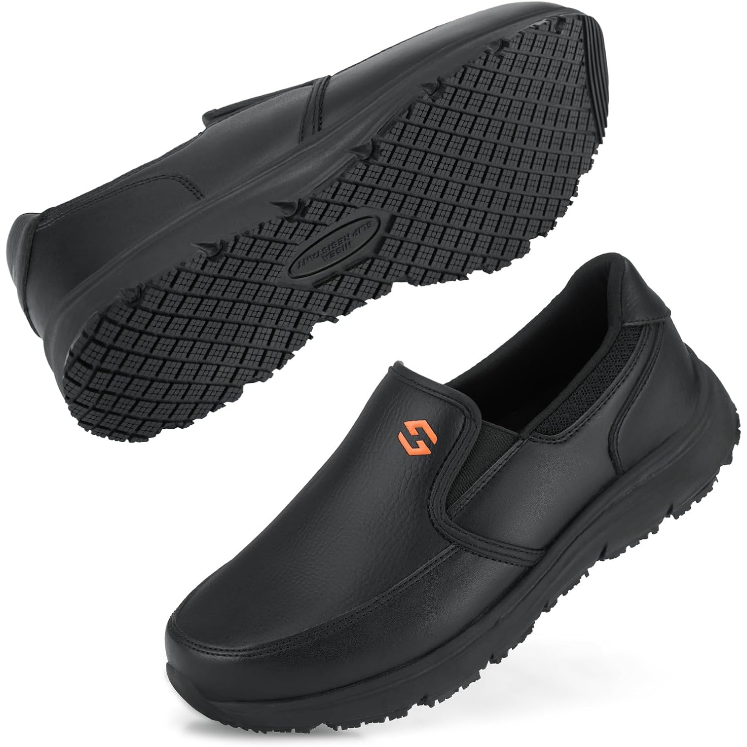 Hisea Non Slip Work Shoes For Men, Water & Oil Resistant Leather Slip On Kitchen Shoes, Comfortable Mens Slip Resistant Chef Shoes For Restaurant Food Service, Lightweight Walking Shoes, Black