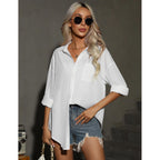 Hotouch Women Oversized Button Down Shirts Office Drop Shoulder Blouse Long Sleeve Boyfriend Dress Shirt With Pockets