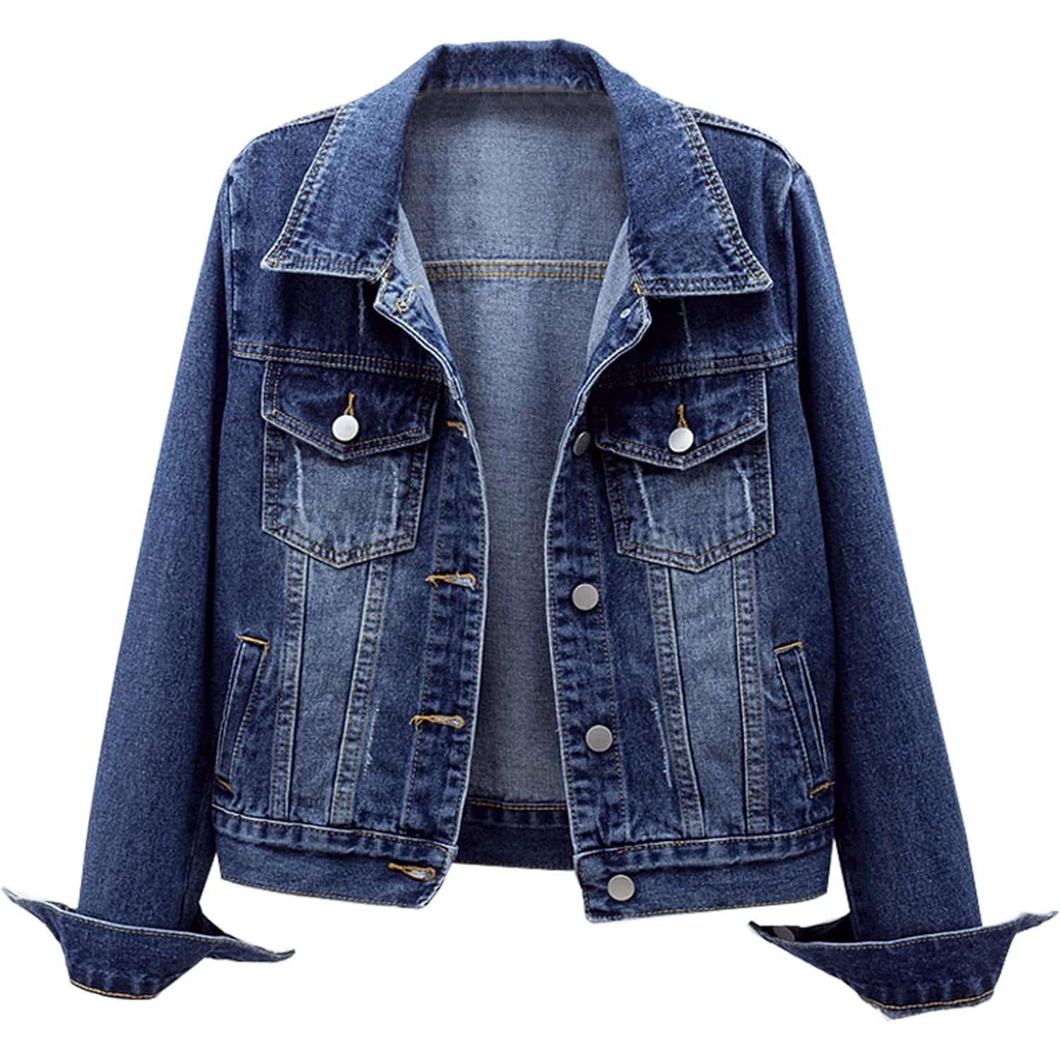 Women'S Basic Long Sleeve Button Down Distressed Denim Jackets Jean Jacket Coat