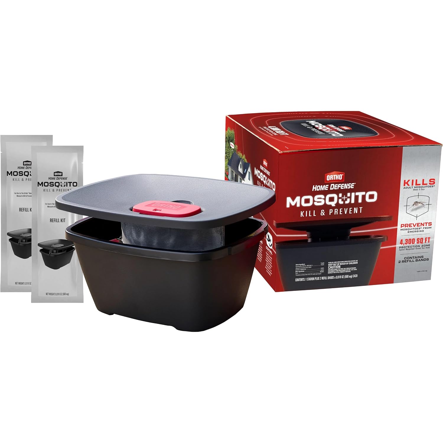 Ortho Home Defense Mosquito Kill & Prevent, 1 Mosquito Station & 2 Bands | Controls Mosquitoes And Larvae, Silent, Easy-To-Use, Mosquito Killer Protects Up To 4,300 Sq. Ft., 2 Months Protection