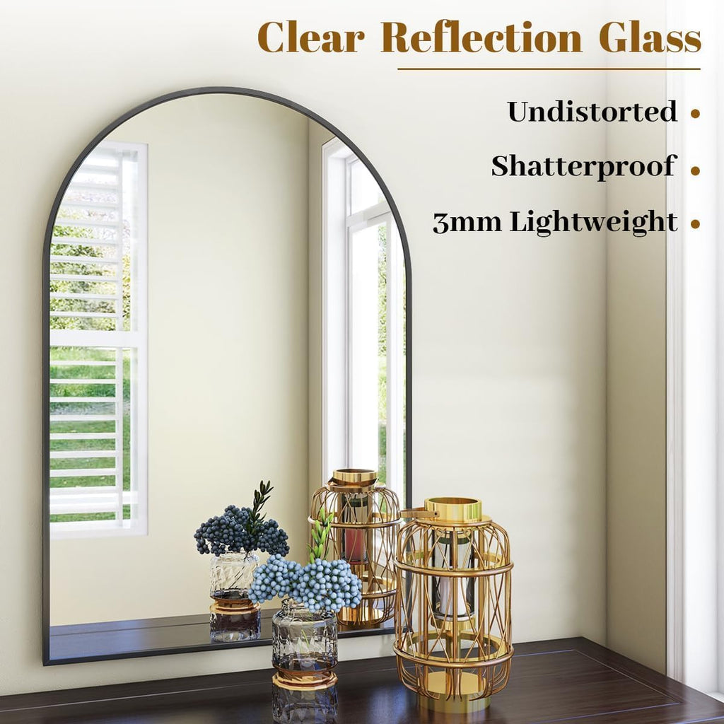 Arched Wall Mirror, 24 X 36 Inch Arch Bathroom Mirror, Wall Mounted Vanity Mirror With Arch Metal Frame, Modern Bathroom Vanity Mirror For Bedroom, Living Room, Hanging Or Leaning, Black