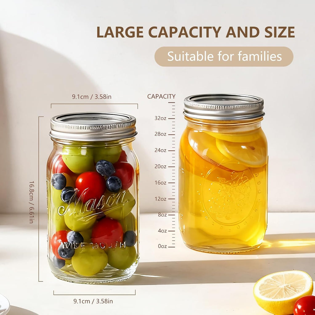 Mason Jars 32 Oz,6 Pack Large Wide Mouth Mason Jar With Airtight Lids And Bands|Quart Glass Canning Jars For Pickling, Fermenting And Food Storage Microwave&Dishwasher Safe