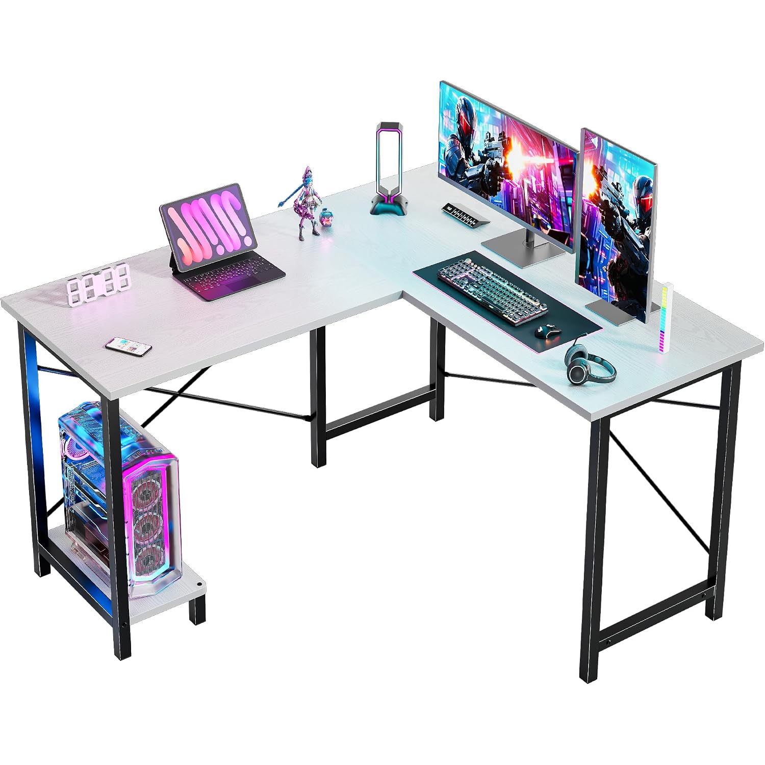 Dumos 50-Inch Reversible L Shaped Desk With Cpu Shelf, White | Computer Desk With Sturdy Metal Frame, Corner Gaming Desk, Home Office Desk For Study, Writing And Work, Sturdy Modern Design