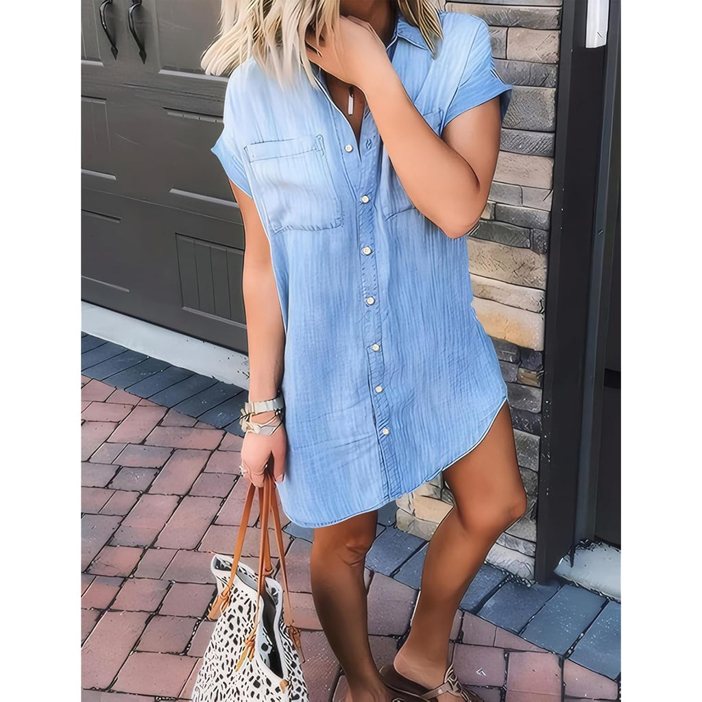 Zilcremo Women Denim Shirt Dresses Short Sleeve Distressed Jean Dress Button Down Casual Tunic Top