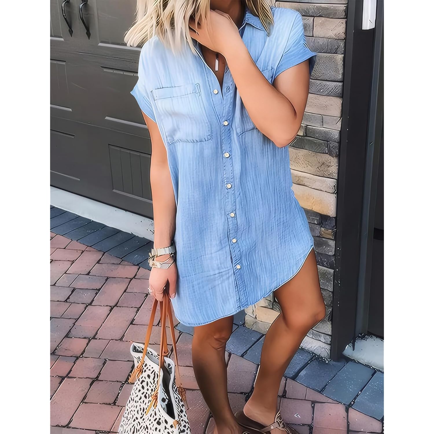 Zilcremo Women Denim Shirt Dresses Short Sleeve Distressed Jean Dress Button Down Casual Tunic Top