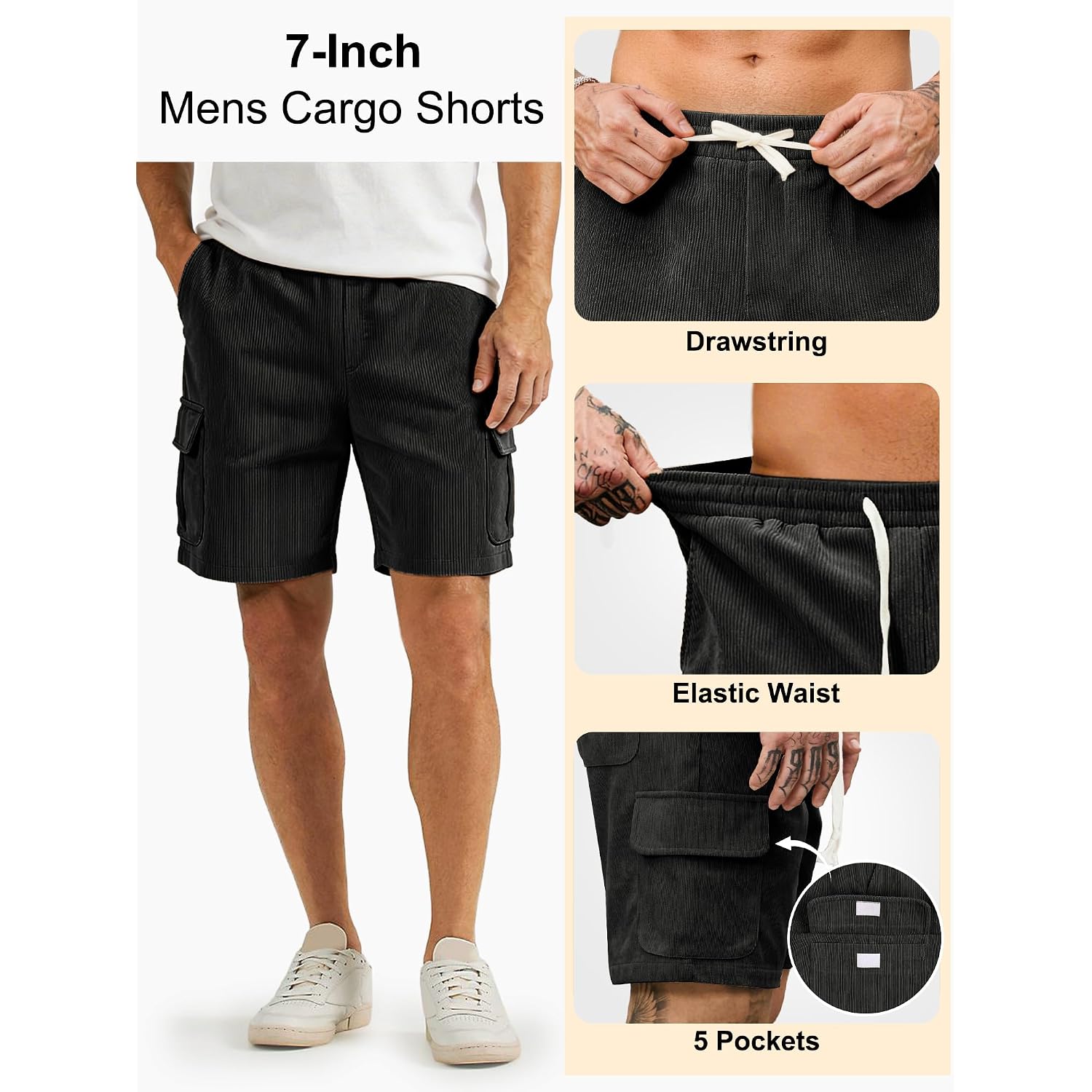 Plepan Men'S Corduroy Cargo Shorts 7" Relaxed Fit 5 Pockets Casual Shorts With Drawstring Elastic Waist & Side Velcro Pockets
