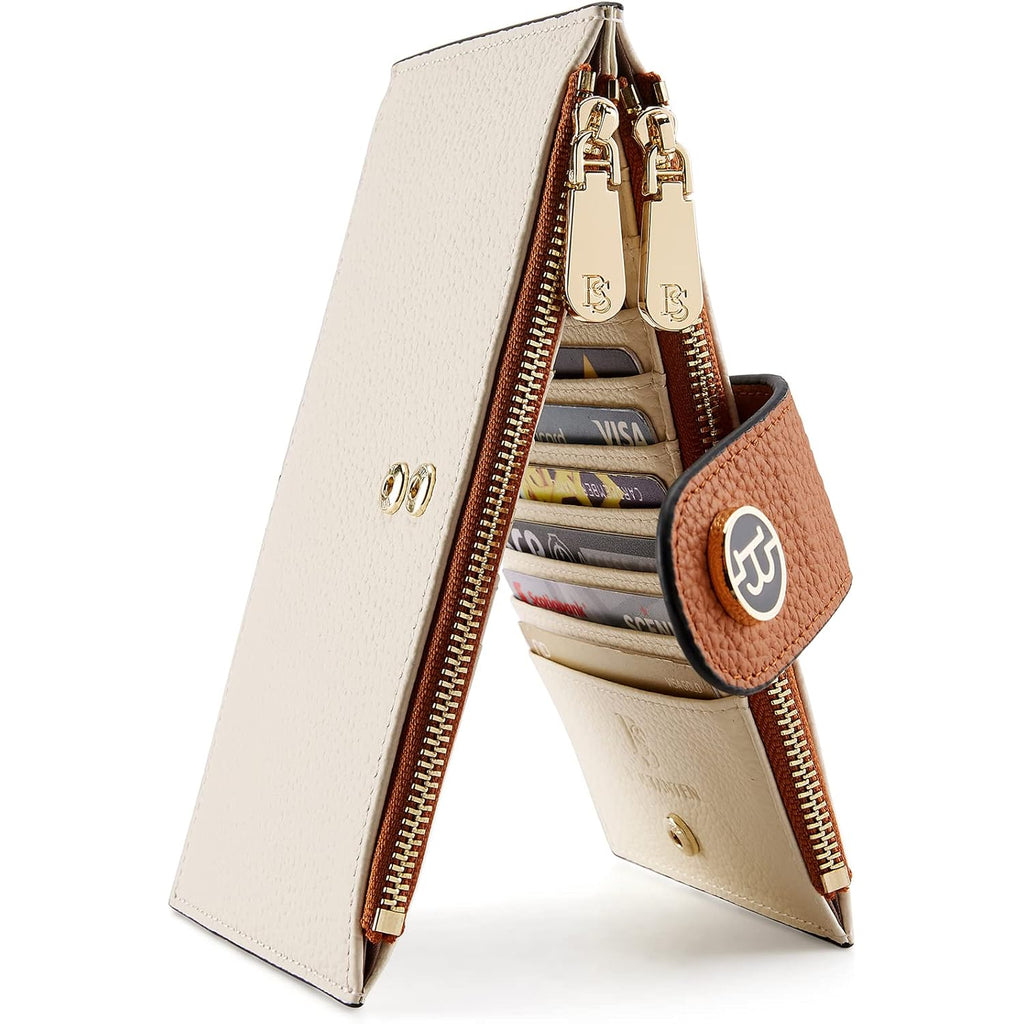 BOSTANTEN Leather Wallets for Women Large RFID Blocking Slim Bifold Purse Card Holder with Zipper Pocket Beige Brown