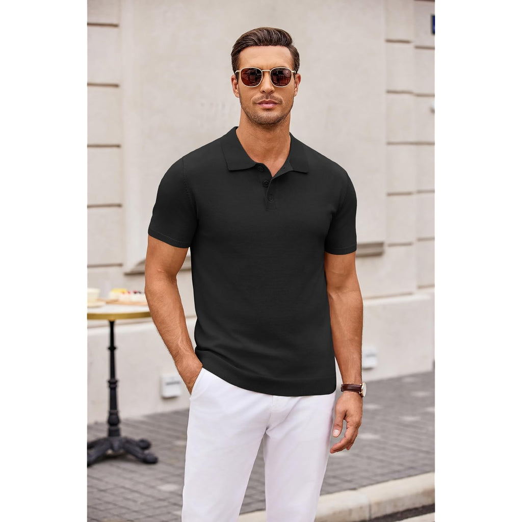 Coofandy Mens Knit Polo Shirts Casual Short Sleeve Button Down Polo Shirt Classic Golf Shirts