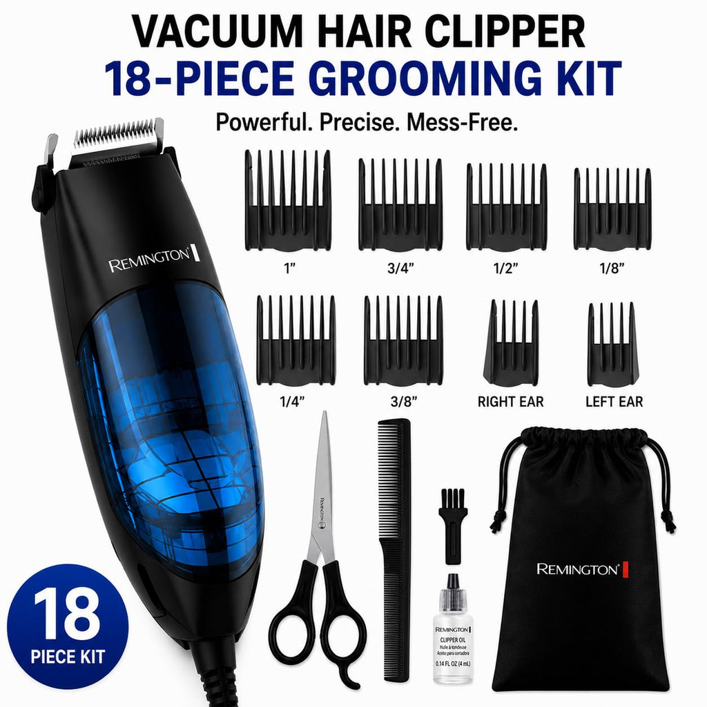 Remington Vacuum Hair Clippers For Men, Mess-Free Haircut & Beard Trimmer Kit With Hair Collection Chamber, Dual Motor Power, 18-Piece Grooming Set