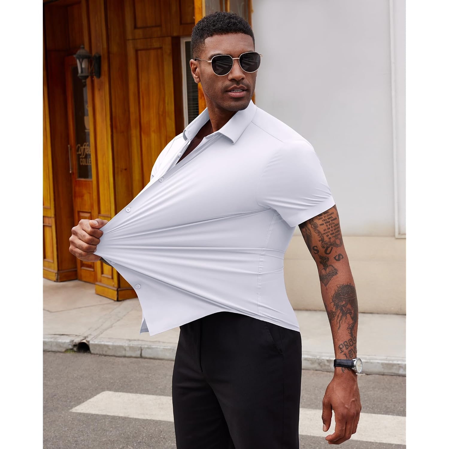 Stretch Dress Shirts For Men Short Sleeve Slim Fit Casual Button Down Shirts Muscle Fit Men'S Dress Shirts