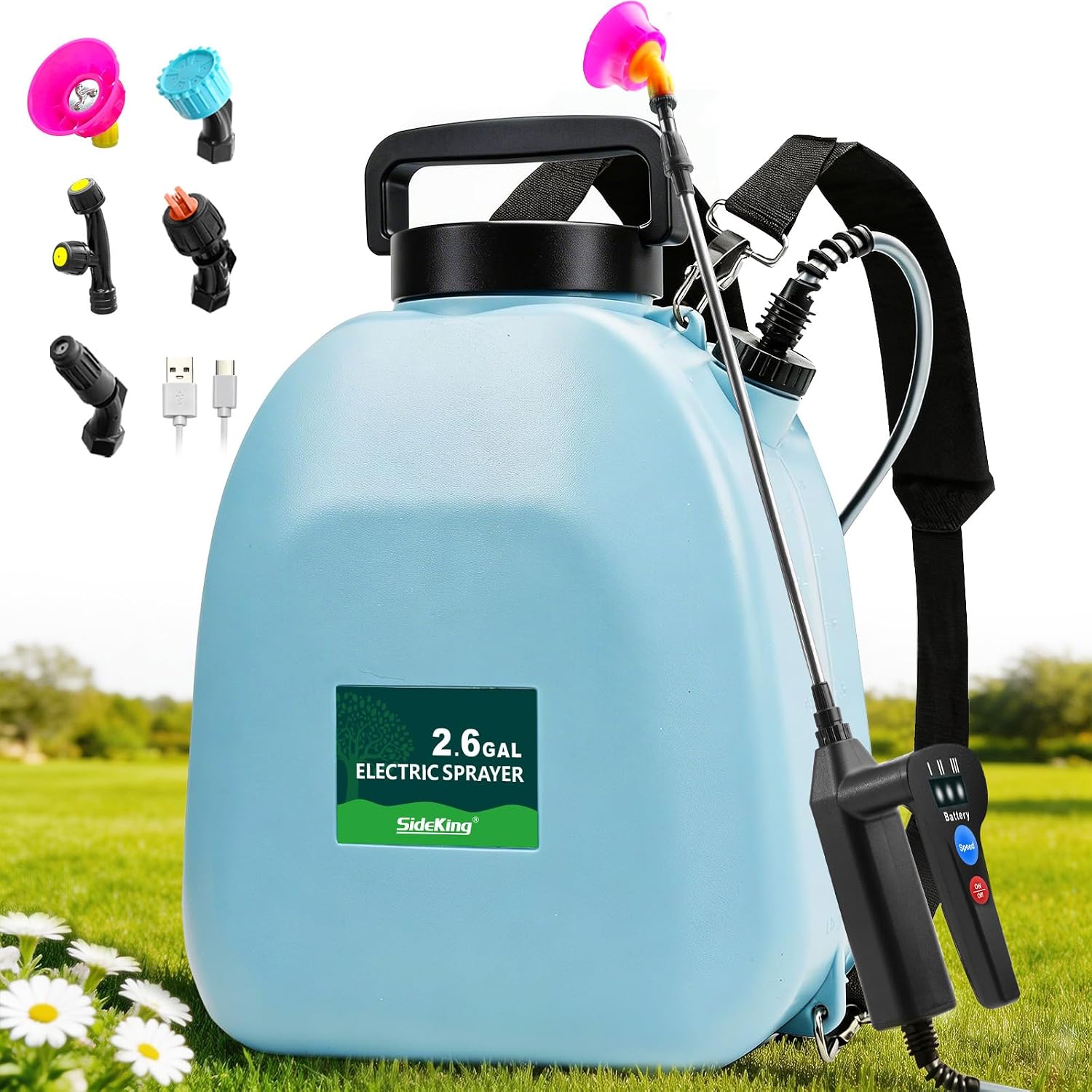 Sideking 2.6 Gallon Battery Powered Backpack Sprayer, Electric Weed Sprayer With 3 Adjustable Pressures, Battery Indicator, 5 Nozzles & 40" Telescopic Wand, Rechargeable Garden Sprayer For Lawn & Yard