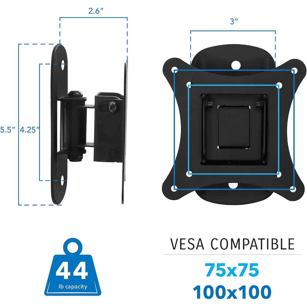 Mount-It! Small TV Wall Mount for 19–32 Inch Flat Screen TVs | Tilt and Swivel TV Wall Mount | Low Profile 2.4” Design | VESA 75x75 100x100 | Single Stud Installation | 44 lb Capacity