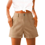 Womens Casual High Waist Shorts Relaxed Fit Rolled Hem Summer Shorts with Pockets