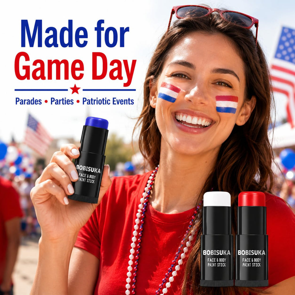 Bobisuka Red White Blue Face Paint Stick Kit, Eye Black Sticks For Football Baseball Softball Lacrosse American-Flag, Body Paints Makeup Kit For Halloween Cosplay Special Effects Costume Sfx