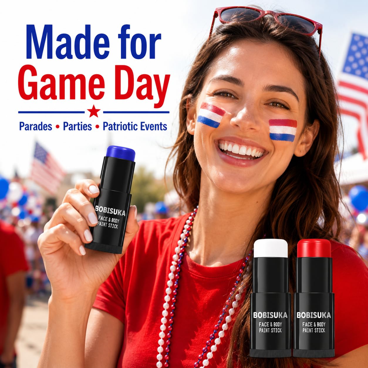 Bobisuka Red White Blue Face Paint Stick Kit, Eye Black Sticks For Football Baseball Softball Lacrosse American-Flag, Body Paints Makeup Kit For Halloween Cosplay Special Effects Costume Sfx