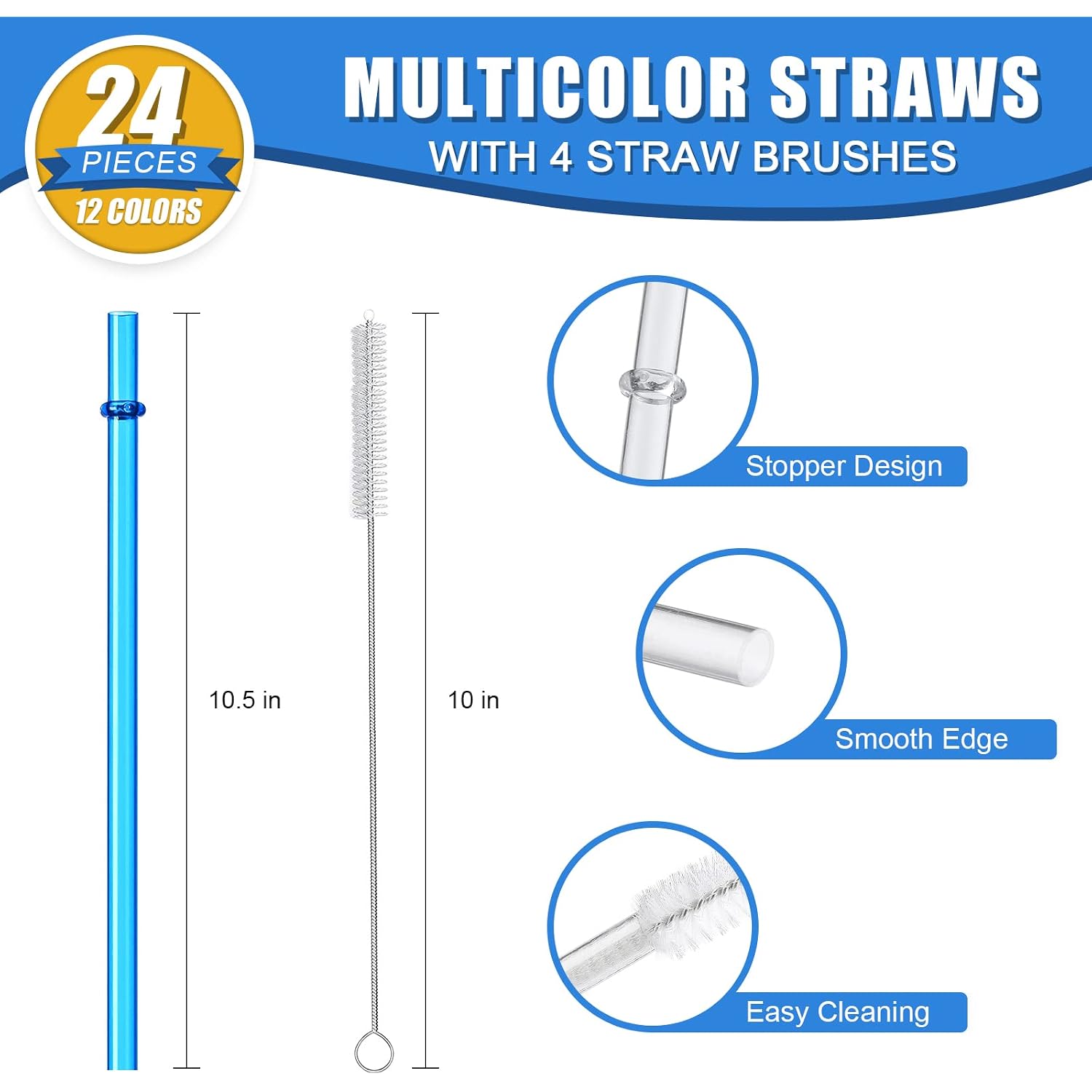 24 Pcs, Reusable Straws With 4 Brushes, 10.5" Long Tritan Hard Plastic Straws, 12 Colors Translucent Replacement Drinking For 16Oz-32 Oz Tumblers, Cups, Jars, Stanley, Yeti, Starbucks, Bpa Free