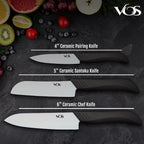 Vos Ceramic Knife Set In Elegant Gift Box, Ceramic Knives Set For Kitchen, Ultra Sharp Kitchen Knife Set With Covers, 4" 5" 6" Paring, Santoku & Chef Knife, Lightweight, Dishwasher Safe (Black Handle)