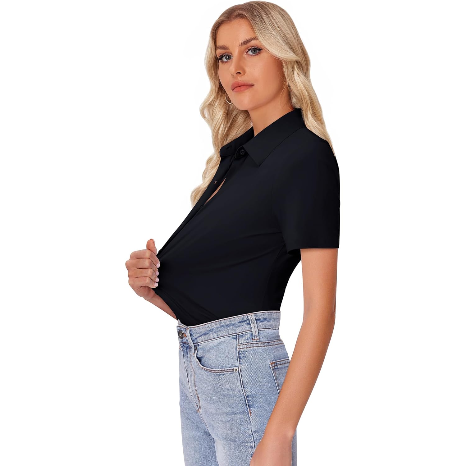 Womens Button Down Shirt Slim Fit Stretch Short Sleeve Dress Shirts Wrinkle Free Solid Formal Work Blouses