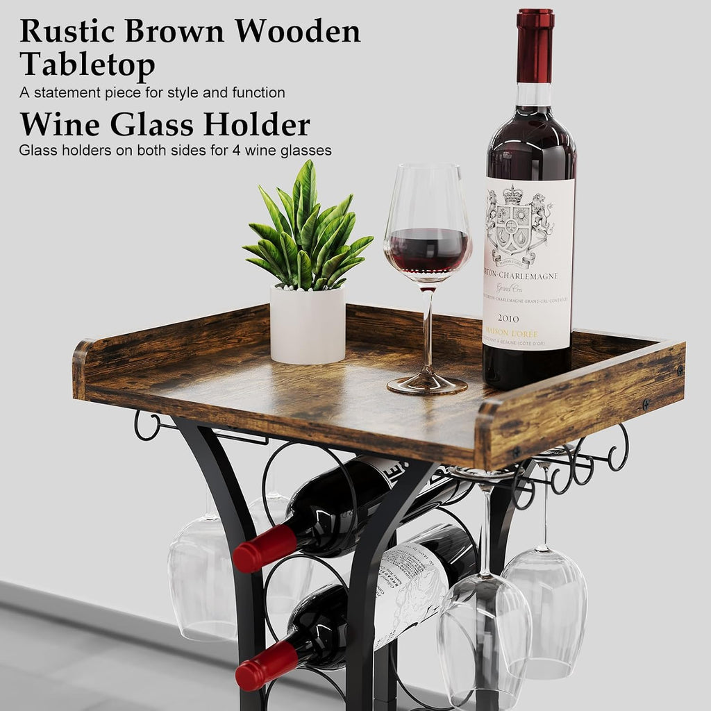 X-Cosrack Wine Rack Freestanding Floor, Mini Bar Table Wine Holder Stand Liquor Cabinet With Glass Holder Wood Tabletop 14 Bottles Floor Wine Storage For Home Bar Kitchen Living Room