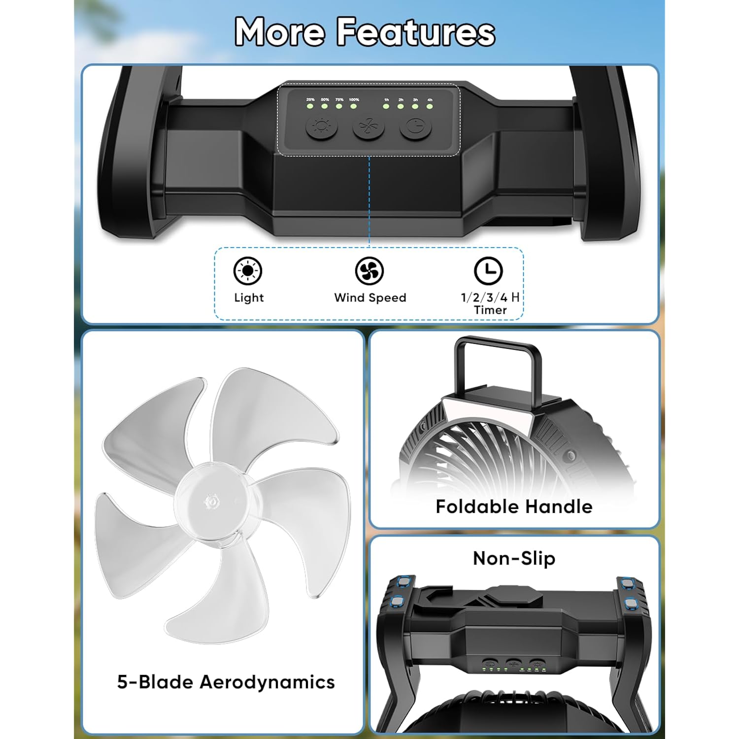 Portable Rechargeable Fan, 20000Mah Battery Powered Camping Fan With Led Light & Hook, 270° Adjustable, 4-Speed, 4H Timer Camping Essentials For Outdoor Tent Travel Bbq Car, Gifts For Men Dad