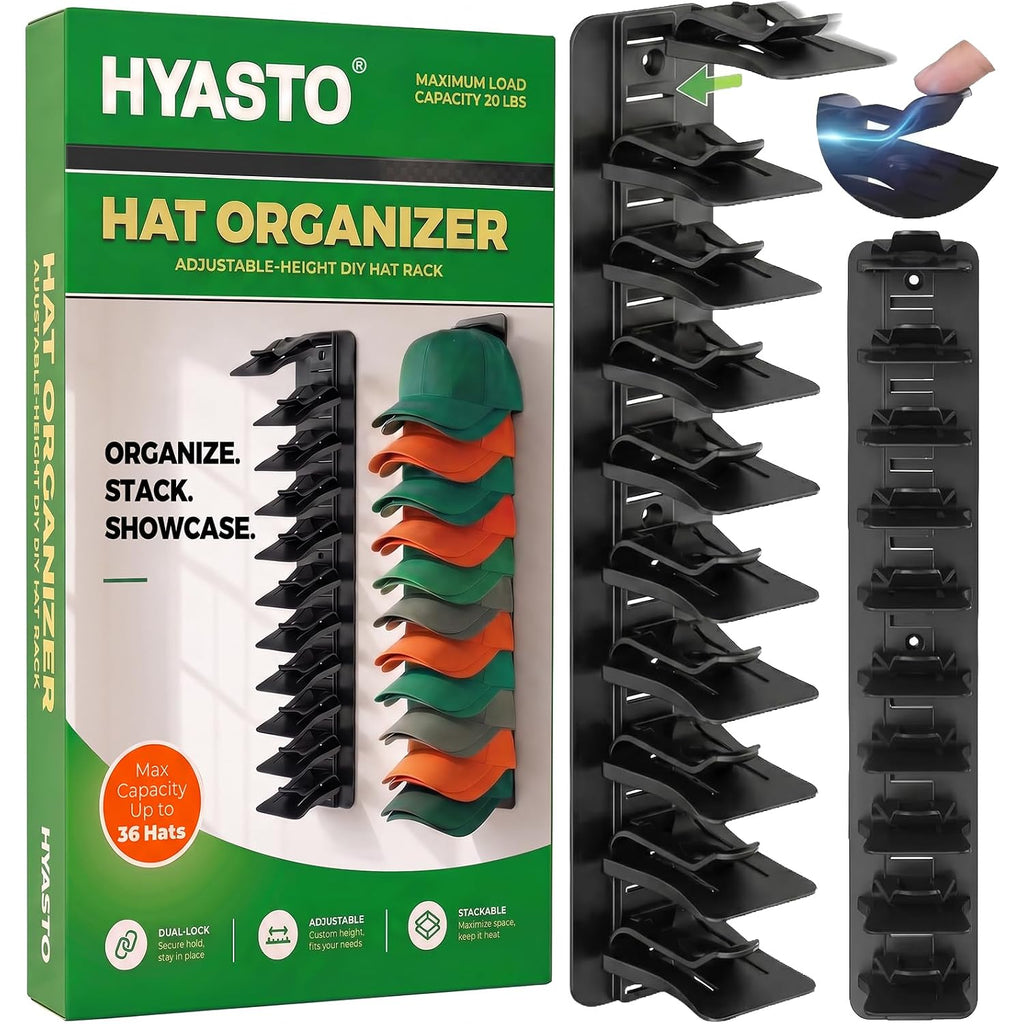 Diy 2Pack Hat Organizer – Holds 36 Hats, Adjustable Clips, Adhesive Or Screw Mount, For Baseball Caps & Snapbacks, Space-Saving Cap Holder & Hat Storage Wall Rack For Closet & Door, Black