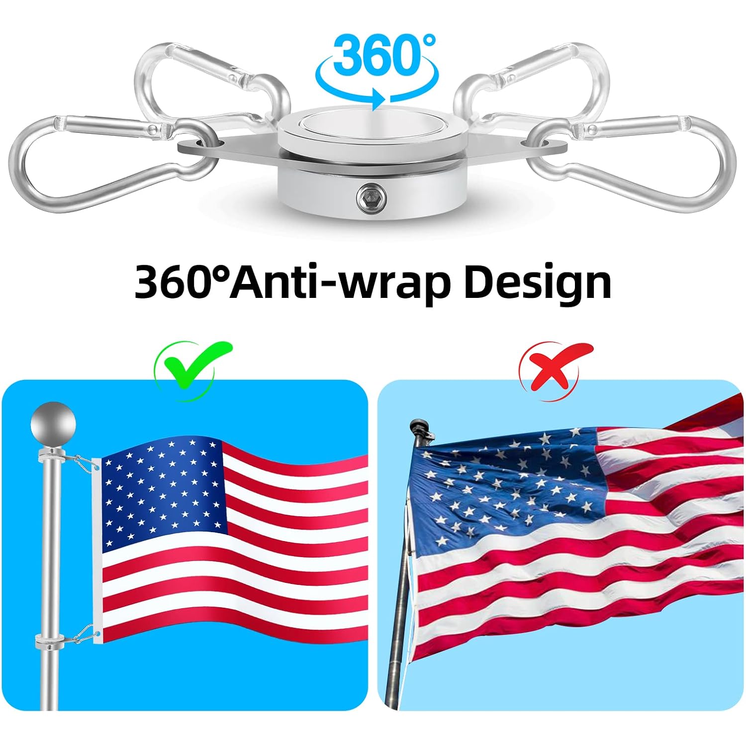 Anovo Flag Pole Rings, Flagpole Rings Aluminum Alloy 360° Rotating Anti Wrap Flag Mounting Spinning Ring Clips For 0.75-1.02 Inch Diameter Flagpole(1 Inch -Pack Of 2, Silver)