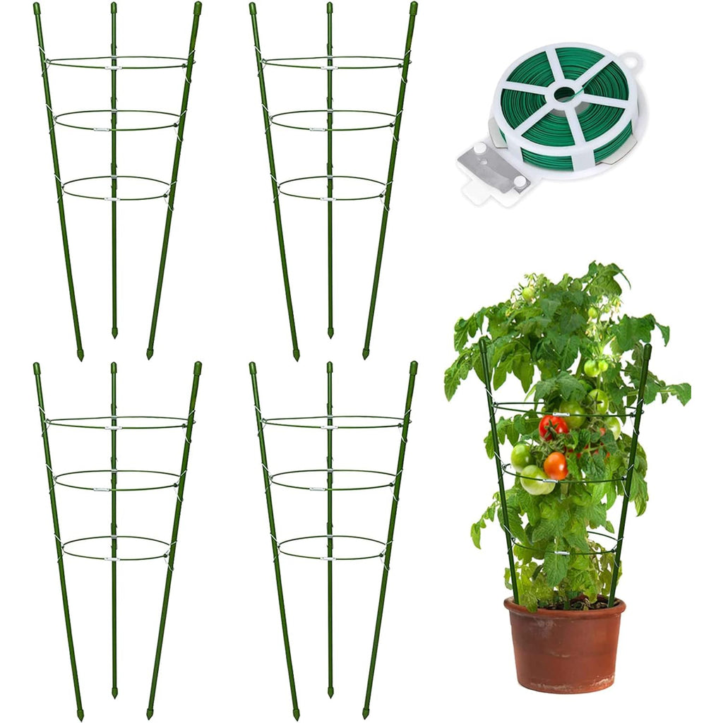 18" Small Plant Support Tomato Cages, 4 Pack Adjustable Garden Trellis For Indoor Outdoor Climbing Plants, Peony Flower Stakes With 66Ft Garden Twist Ties, Green Metal Plant Cages For Pots & Garden