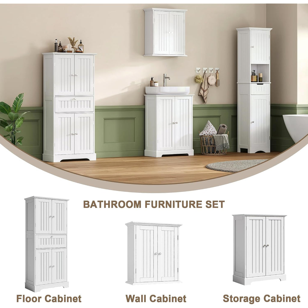 Choochoo 51" H Bathroom Floor Cabinet With Drawers And Adjustable Shelves | Bathroom Storage Cabinet, Freestanding Kitchen Pantry Cupboard With 4 Doors For Living Room, White
