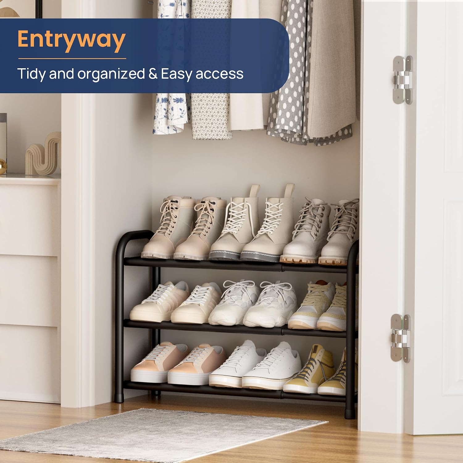 Enjoybasics 3 Tier Expandable Shoe Rack For Closet, Free Standing Metal Shoe Shelf Storage Organizer Holder 12 Pairs, Adjustable Width Shoe Rack For Entryway Small Space, Black