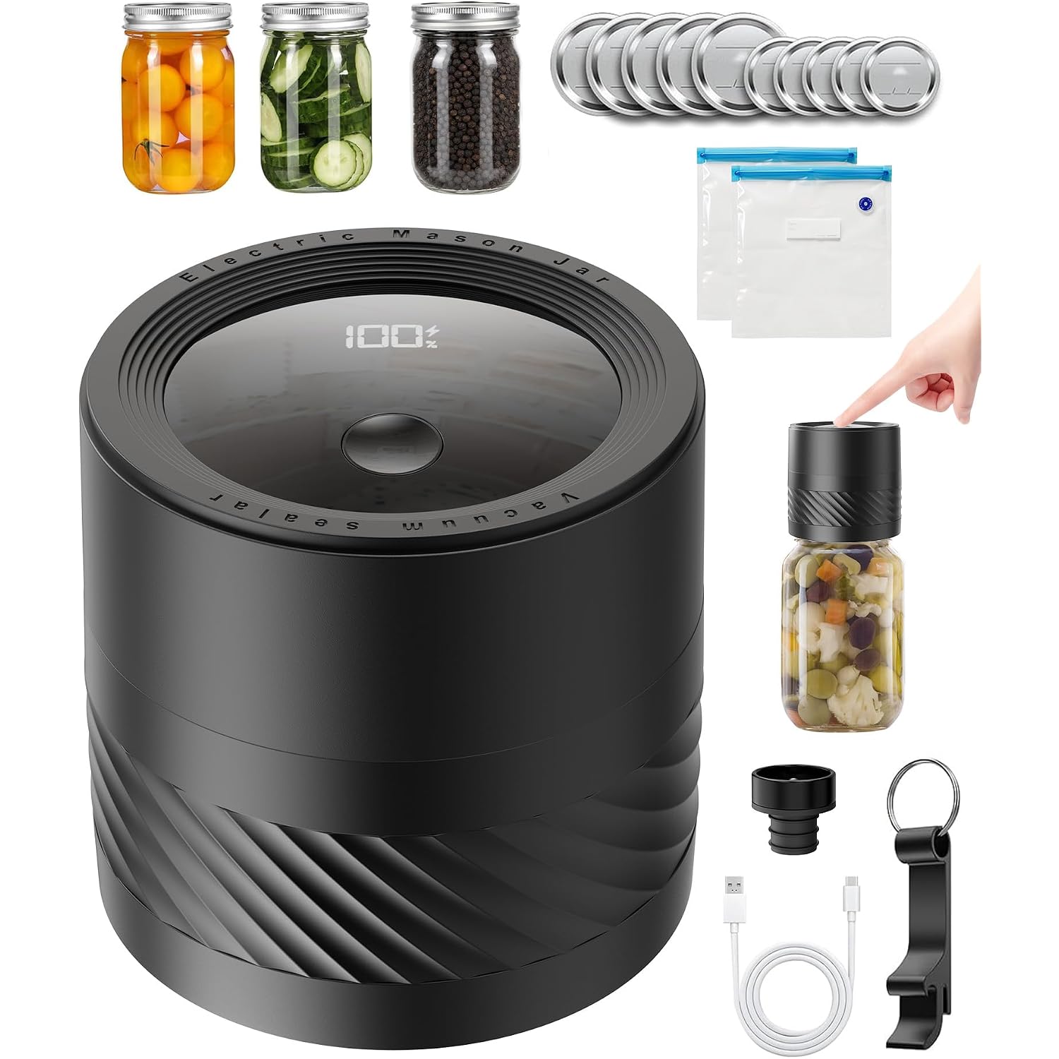 Electric Mason Jar Vacuum Sealer Kit With Auto-Stop, 1200Mah Cordless Jar Vacuum Sealer For Wide & Regular Mouth Mason Jars, Portable Automatic Vacuum Sealer With 10 Lids & 2 Vacuum Bags