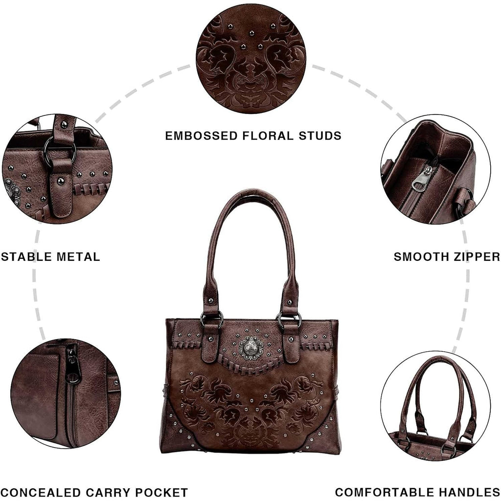 Tote Bag For Women Large Western Purse Ladies Top Handle Shoulder Handbags Vintage Embossed Concho Studs