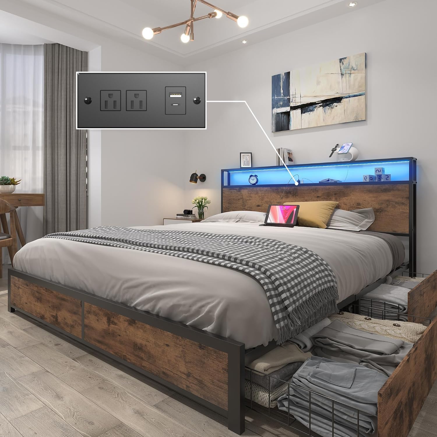 Lifezone Queen Bed Frame With 2-Tier Storage Headboard, Metal Platform Bed Frame With 4 Storage Drawers, Built In Charging Station & Led, Noise-Free/Metal Support/No Box Spring Needed, Vintage Brown