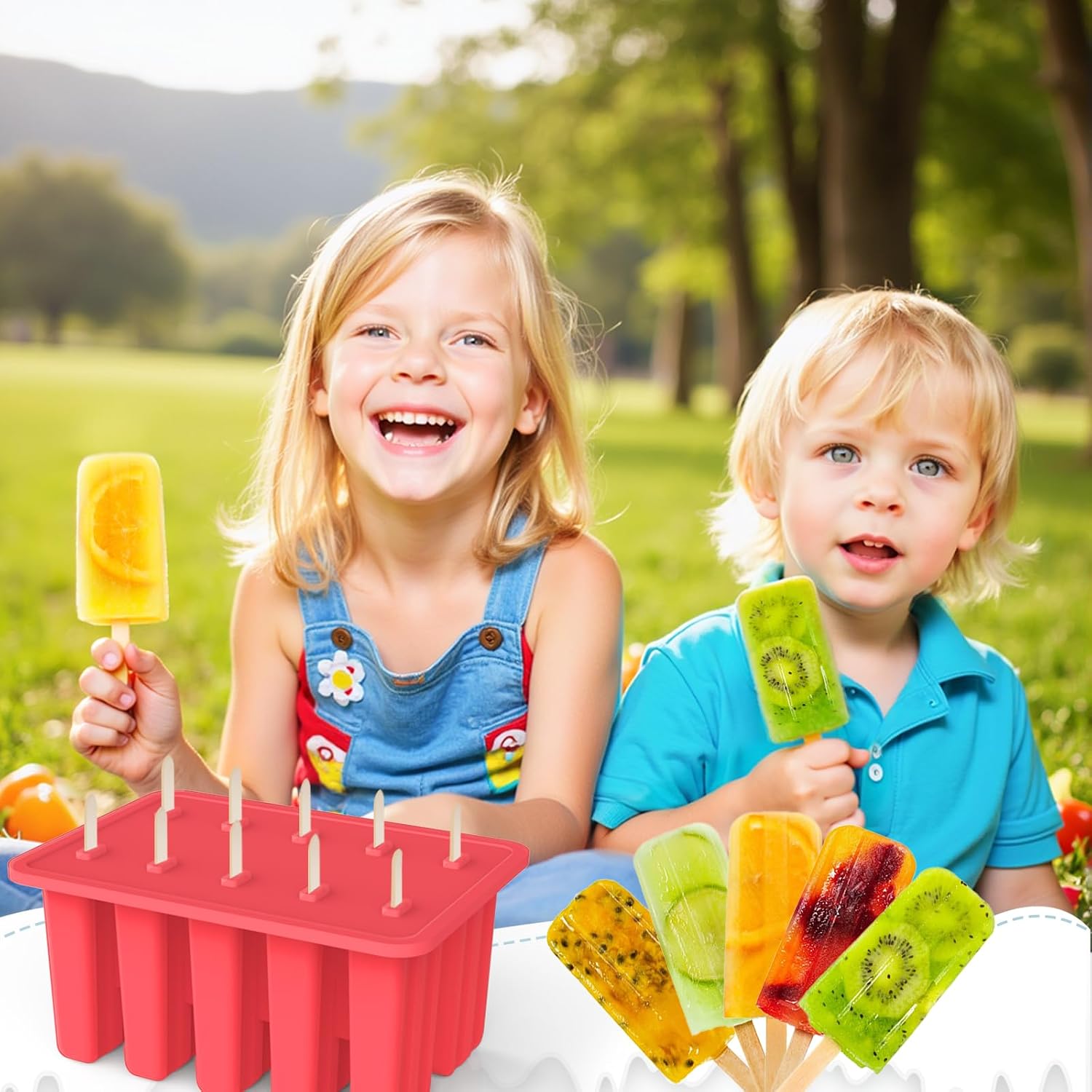 Miaowoof Homemade Popsicle Molds, 10-Cav Non-Bpa Silicone Ice Pop Maker, With 50 Sticks, 50 Bags, 10 Reusable Sticks, Funnel, Brush And Ice Pop Recipe (Red)