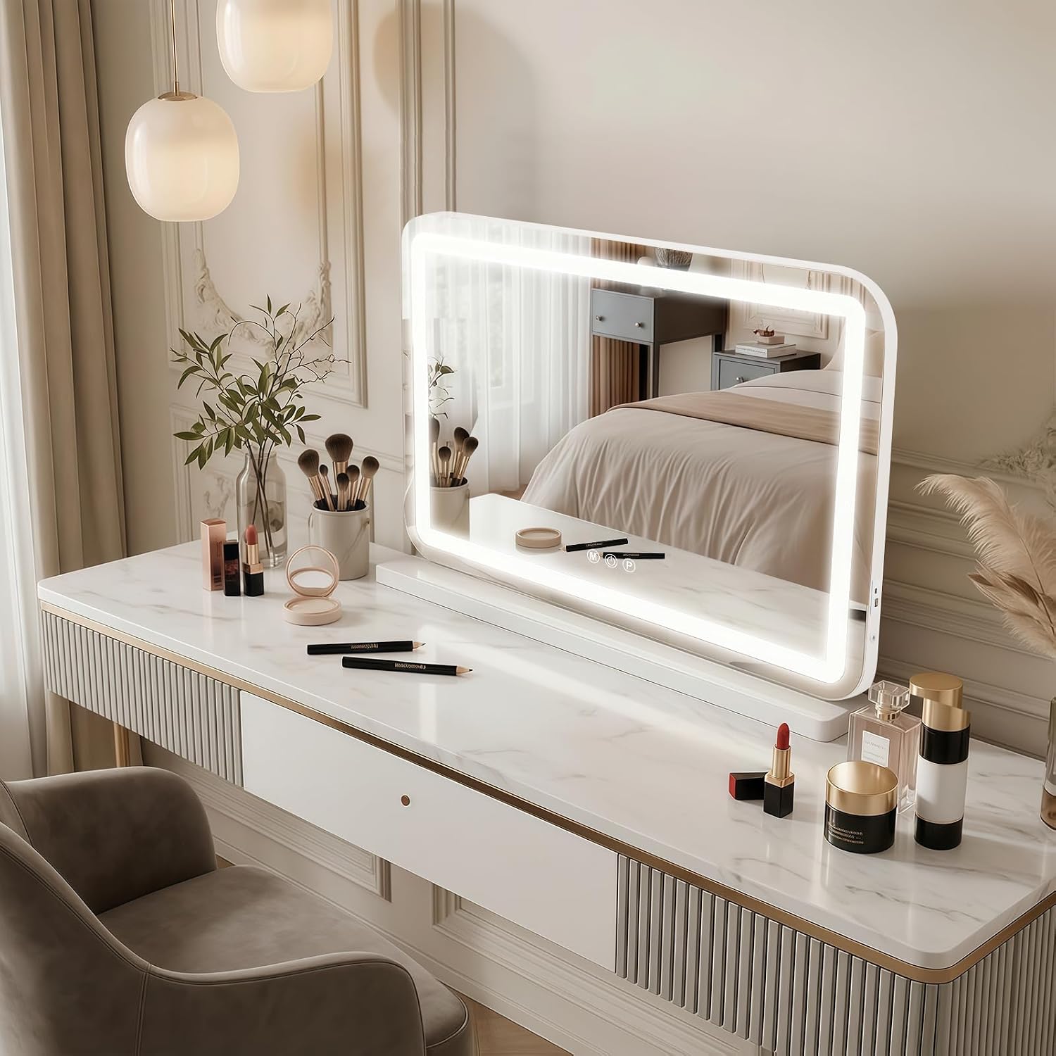 23" X 18" Vanity Mirror With Lights, Led Lighted Makeup Mirror With 3 Color Dimmable Lights, Touch Control, Usb Charging Port, Gifts For Women Wife Teengirls