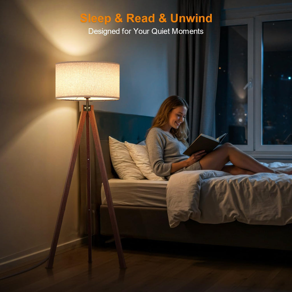 Lepower Tripod Floor Lamp Mid Century Modern Standing Lamps For Living Room | Light-Diffusing Linen Shade, Premium Rubberwood Tripod With E26 Base, Adding Warmth To Bedroom, Office & Study Corner Brown