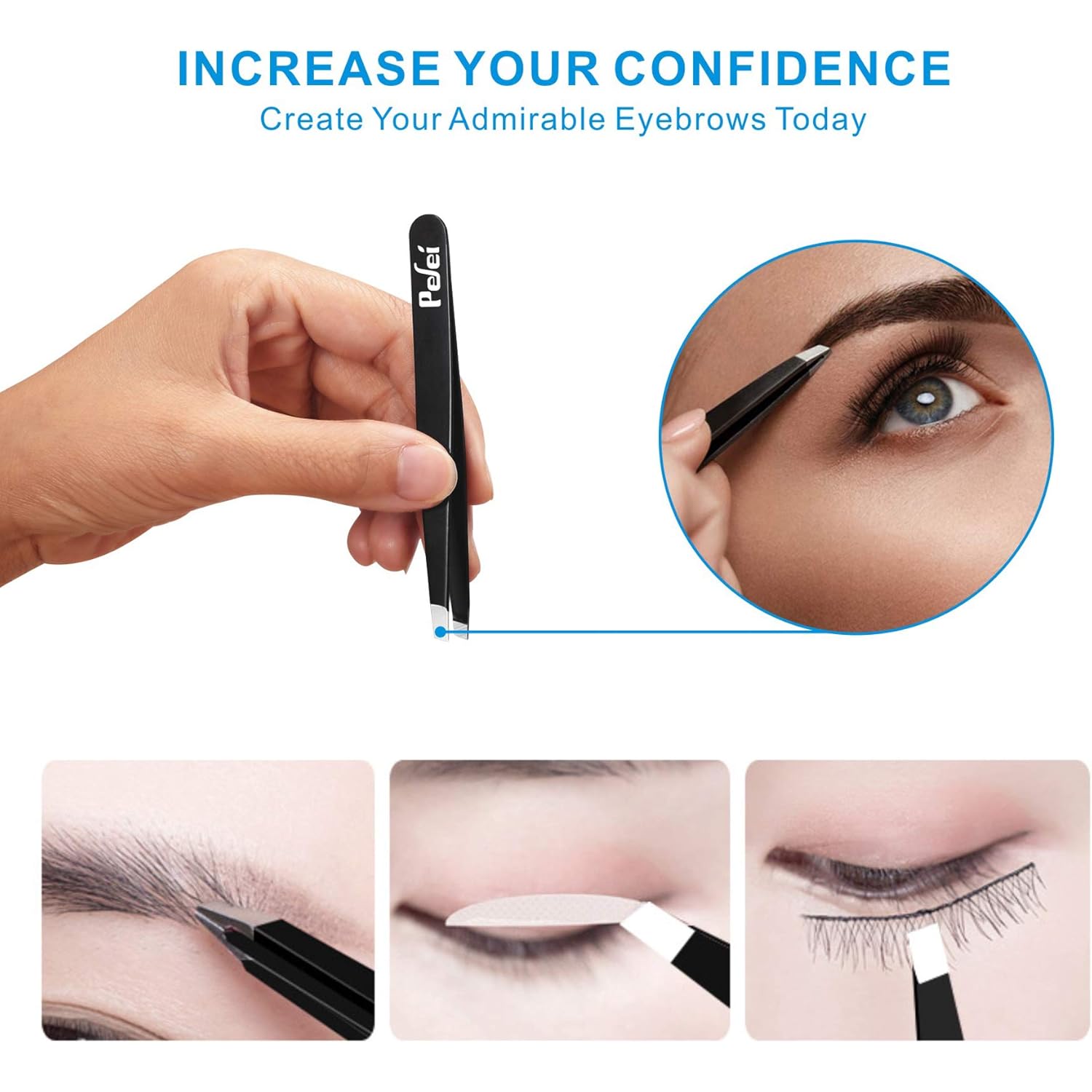 Pefei Tweezers Set - Professional Stainless Steel Tweezers for Eyebrows - Great Precision for Facial Hair, Splinter and Ingrown Hair Removal (Black)