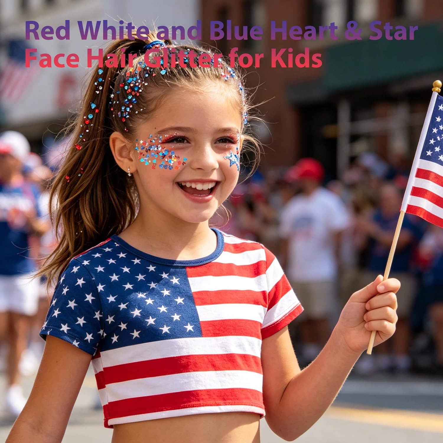 Mysense Red White and Blue Face Hair Body Glitter Stick with Heart & Star Sequins,4th of July Outfits for Women Kids,Patriotic USA Accessories for Independence Day Memorial Day 250 Anniversary