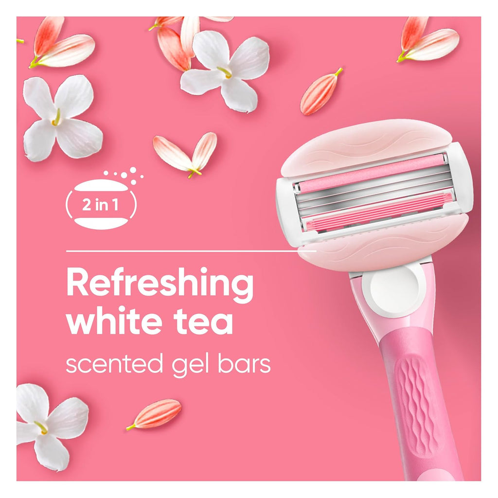 Gillette Venus ComfortGlide Razor for Women, White Tea Scented Gel Bars, Includes 1 Reusable Razor Handle + 2 3-Bladed Razor Refills, Women's Razor with Built-in Shave Gel Bars