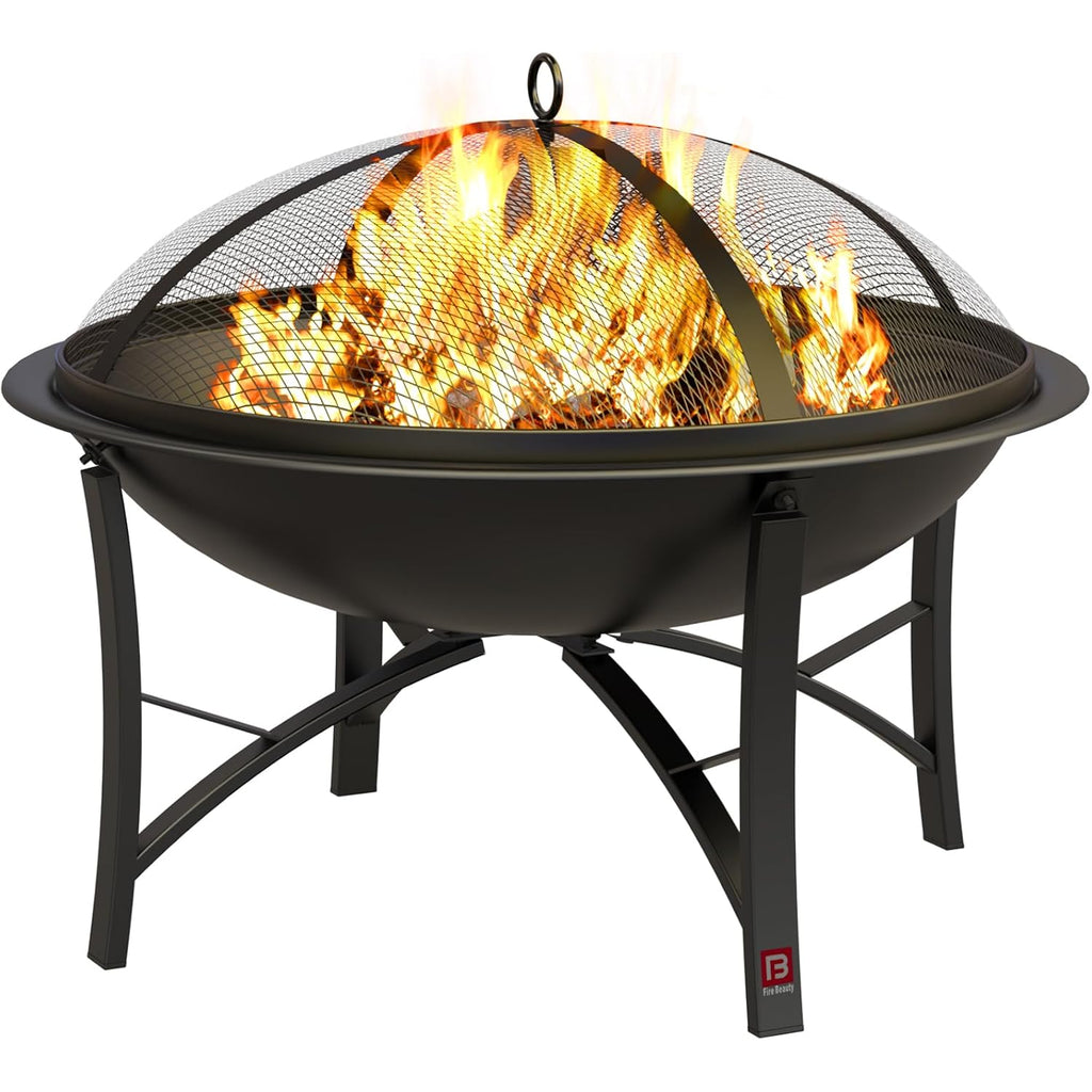 Fire Beauty Fire Pit For Outside Wood Burning,Bbq Grill Steel Fire Bowl With Spark Screen Cover,Log Grate,Poker For Camping Beach Bonfire Picnic Backyard Garden