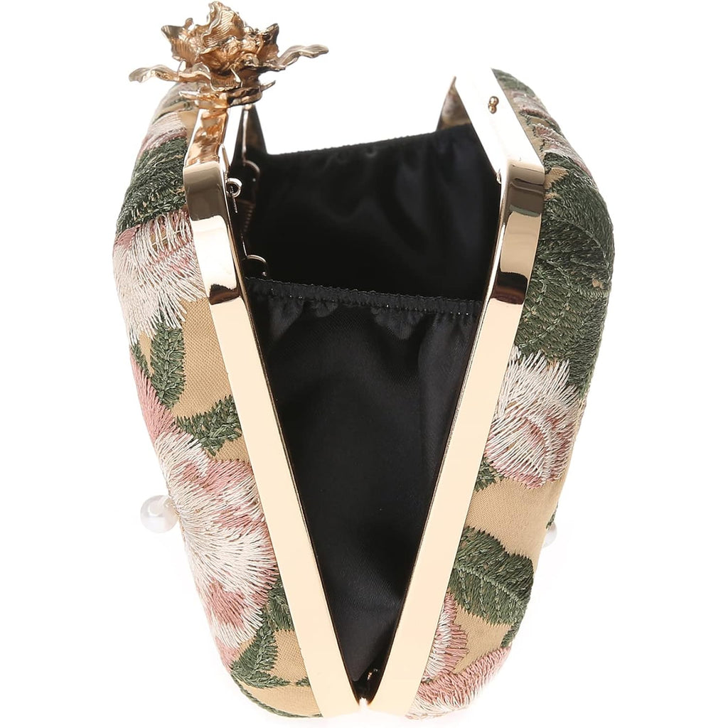 Womens Vintage Floral Embroidery Clutch Evening Handbag Shoulder Bags Purse For Wedding Party Prom
