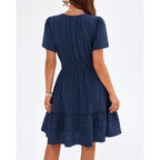 Btfbm Womens Summer 2026 Casual Mini Dresses Lightweight Short Sleeve V Neck Elastic Waist Cute Boho Beach Dress Pockets