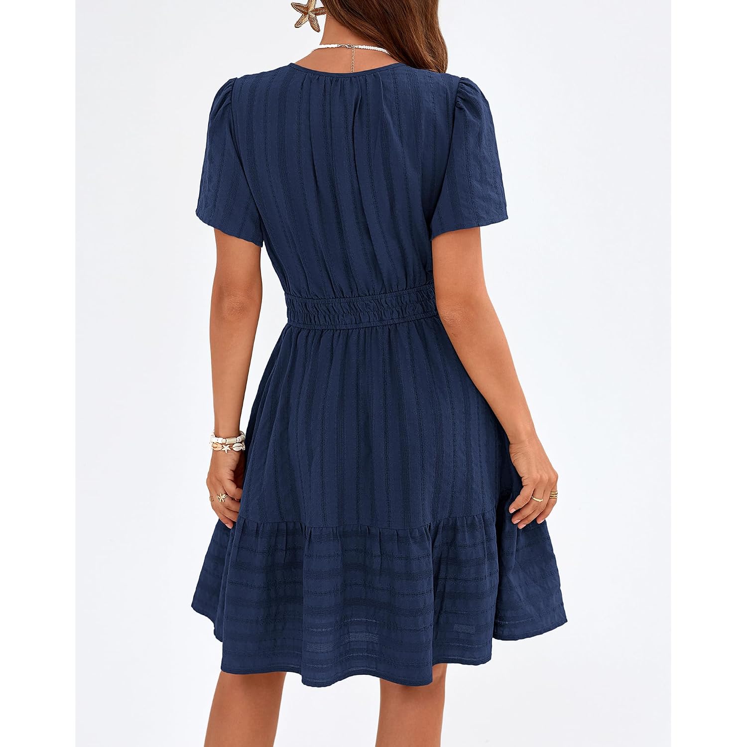 Btfbm Womens Summer 2026 Casual Mini Dresses Lightweight Short Sleeve V Neck Elastic Waist Cute Boho Beach Dress Pockets