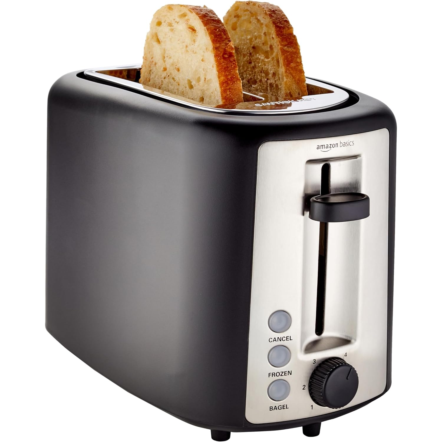 Amazon Basics 2 Slice Toaster, Extra Wide Slots For Bagels, 6 Browning Settings, Removable Crumb Tray, Defrost/Cancel/Bagel Buttons, Cord Wrap, 900W, Black & Silver