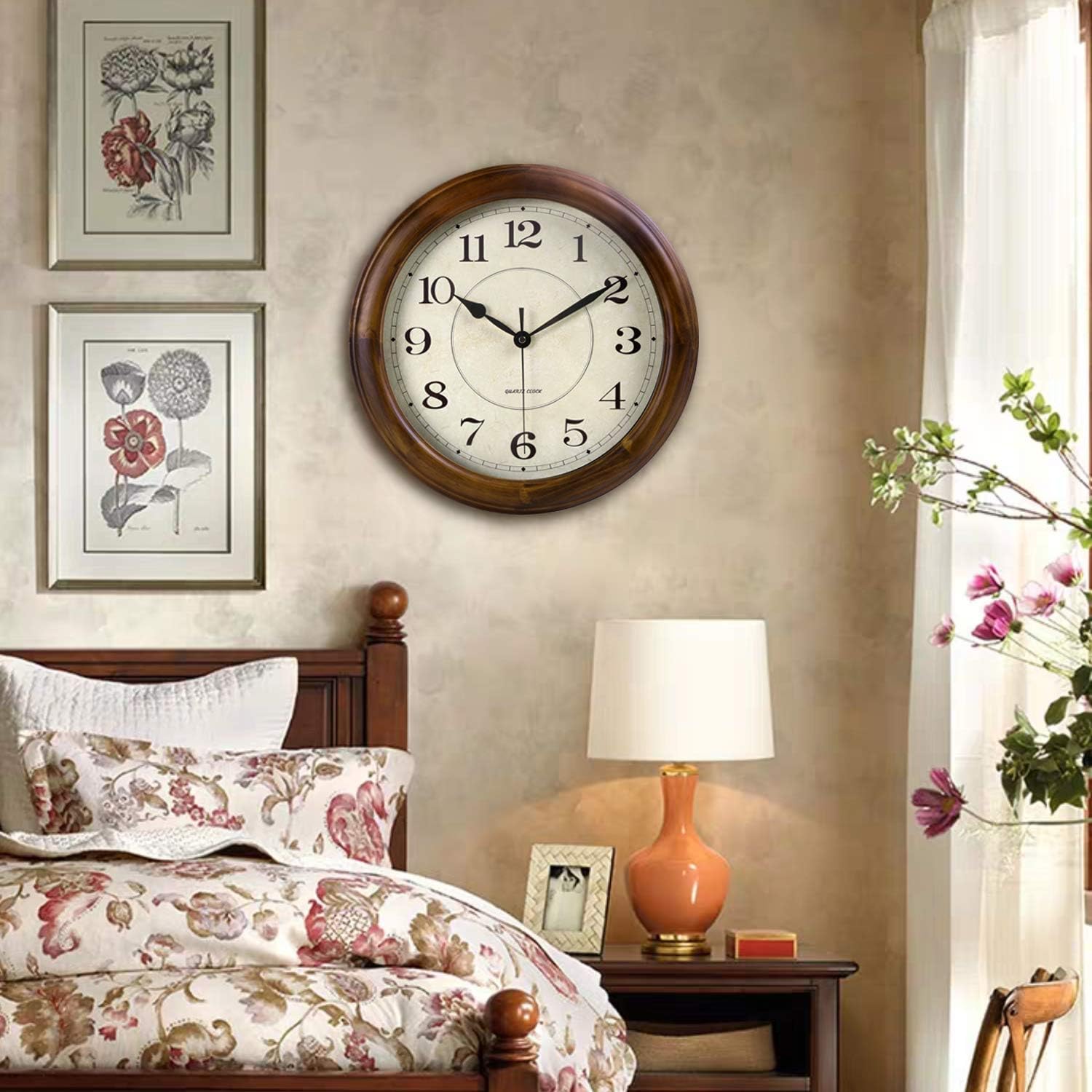 Kesin Wall Clock Wood 14 Inch Silent Wall Clocks Large Decorative Battery Operated Non Ticking Analog Retro Clock For Living Room, Kitchen, Bedroom