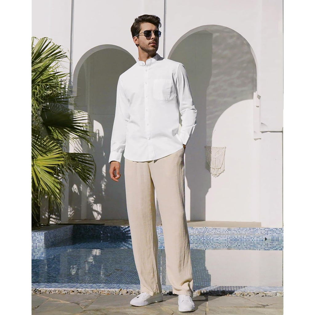 Alimens & Gentle Men'S Cotton Linen Shirts Long Sleeve Button Down Shirt Band Collar Beach Shirts