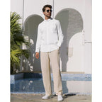 Alimens & Gentle Men'S Cotton Linen Shirts Long Sleeve Button Down Shirt Band Collar Beach Shirts