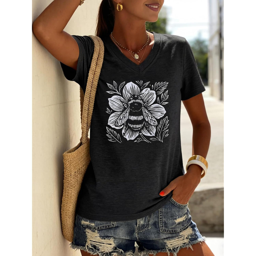 Women's T-Shirts V-Neck Dragonfly Tee Vintage Floral Shirt Boho Wildflowers Graphic Shirts Short Sleeve Tops Black