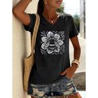 Women's T-Shirts V-Neck Dragonfly Tee Vintage Floral Shirt Boho Wildflowers Graphic Shirts Short Sleeve Tops Black